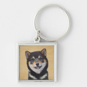 Shiba Inu-målning (svart och tan) - Hund Art Fyrkantig Silverfärgad Nyckelring