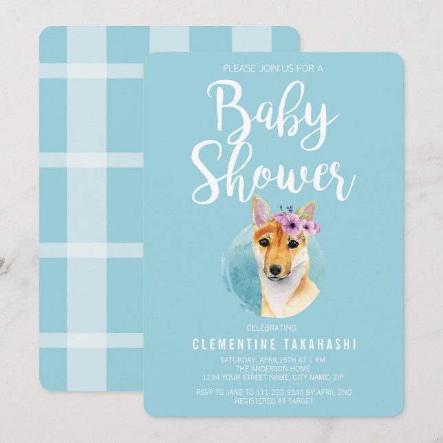 Shiba Inu med blått för baby shower för Inbjudningar (Fram/baksida)