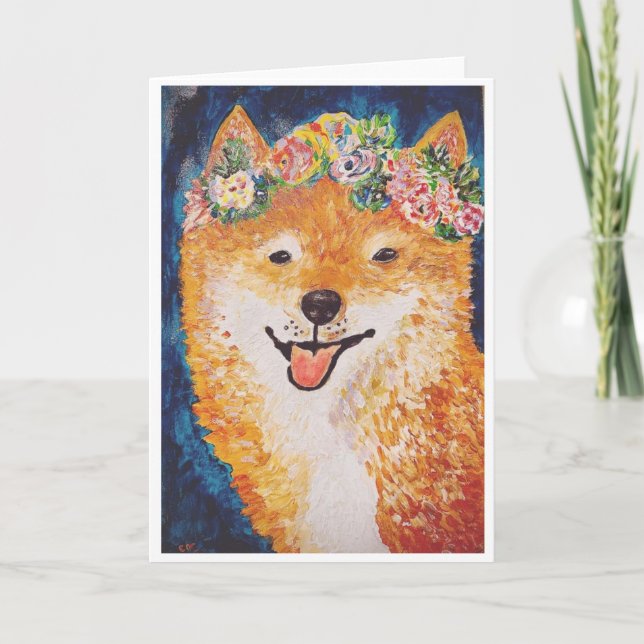 Shiba Inu med Flower Garland Card<Blank Inside> Inbjudan (Framsida)