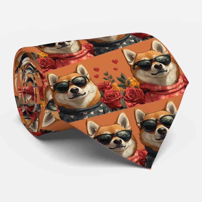Shiba Inu med hjärtrusor Alla hjärtans dag  Slips (Rullad)