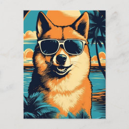 Shiba Inu med solglasögon på stranden Vykort