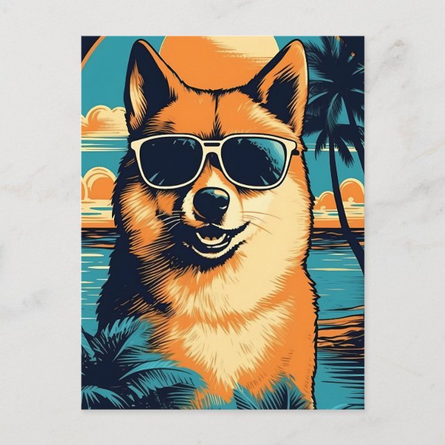 Shiba Inu med solglasögon på stranden Vykort (Framsida)
