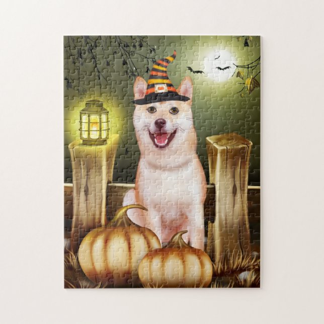 Shiba Inu med Witch Hat Halloween Pussel (Vertikal)