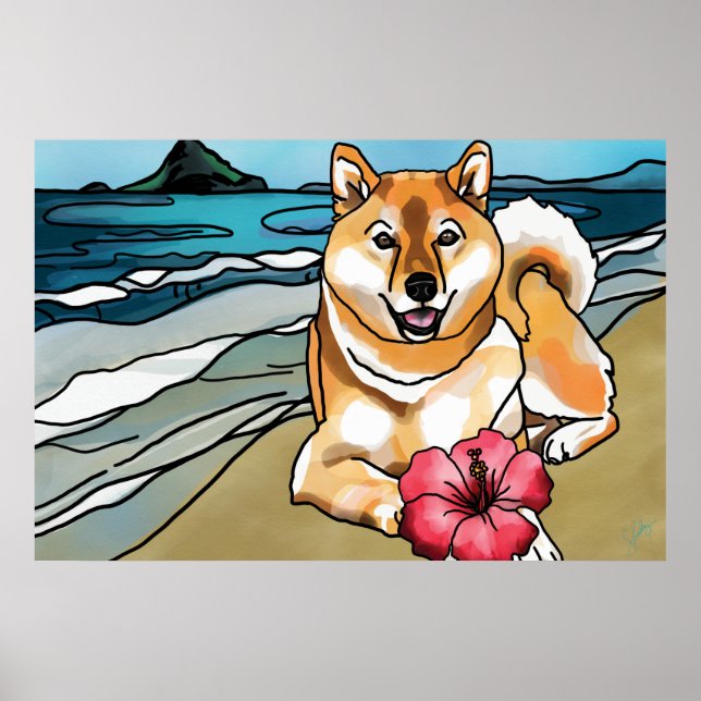 Shiba Inu på Chinamans Hat, Hawaii Poster (Framsidan)