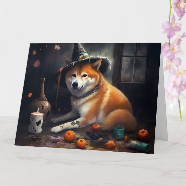 Shiba Inu Pumpak Halloween Skräckinjagande Kort (Orkide)