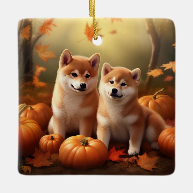 Shiba Inu Puppy Autumn Delight Pumpkin Julgransprydnad Keramik (Framsida)