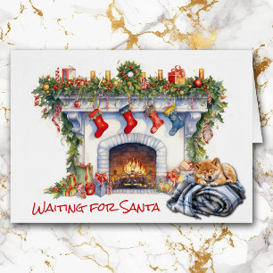 Shiba Inu Puppy Vänta på Santa Fireplace Hälsningskort