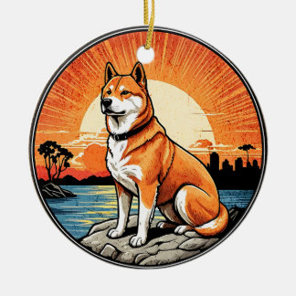 Shiba Inu Retro Solnedgång Hundälskare Julgransprydnad Keramik