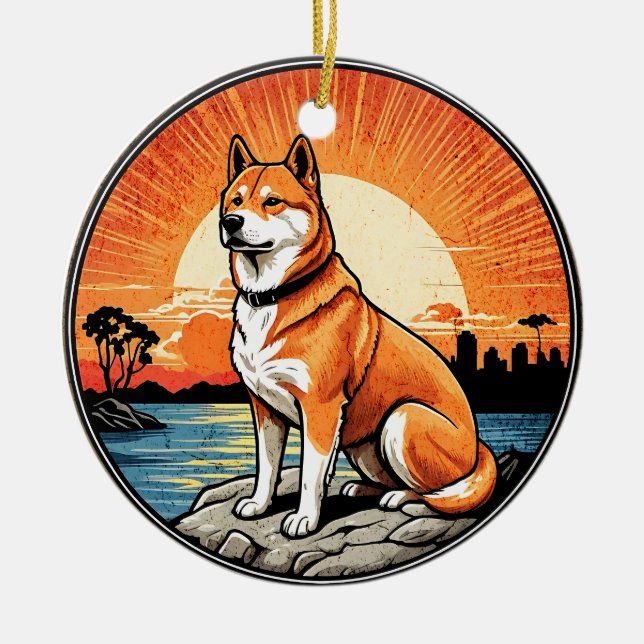 Shiba Inu Retro Sunset Dog Lover Julgransprydnad Keramik (Framsidan)