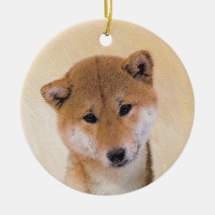 Shiba Inu (röd) målning - original- hundkonst Julgransprydnad Keramik