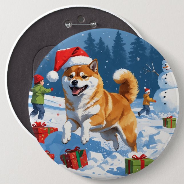 Shiba Inu Runin i Snö med julklapp Knapp (Framsida & baksida)