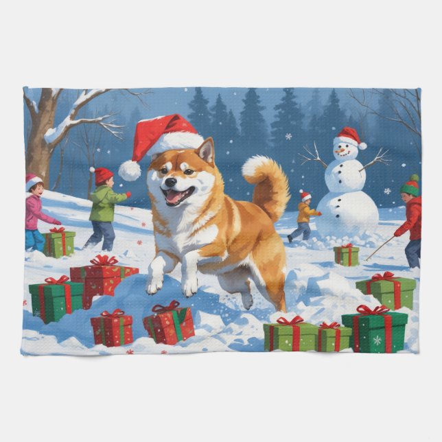 Shiba Inu Runin i Snö med julklapp Kökshandduk (Horisontell)