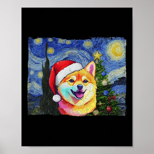 Shiba Inu Santa Hat jul Starry Nght Art Hund Poster (Framsidan)