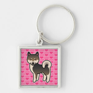Shiba Inu Sesam Kärlek Hjärtan Fyrkantig Silverfärgad Nyckelring