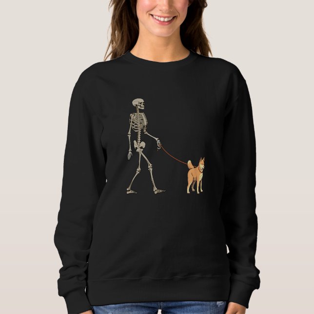 Shiba Inu Skeleton Dog Walking Halloween Dog T Shirt (Framsida)