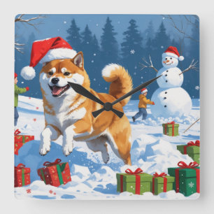Shiba Inu springer i snö med julhatt Fyrkantig Klocka