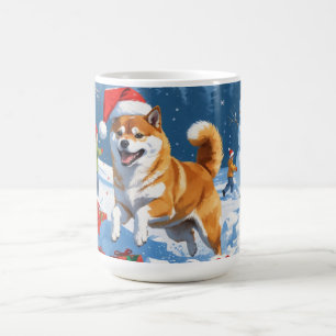 Shiba Inu springer i snö med julhatt Kaffemugg