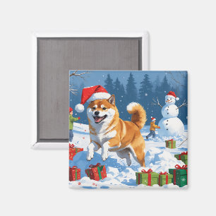 Shiba Inu springer i snö med julhatt Magnet