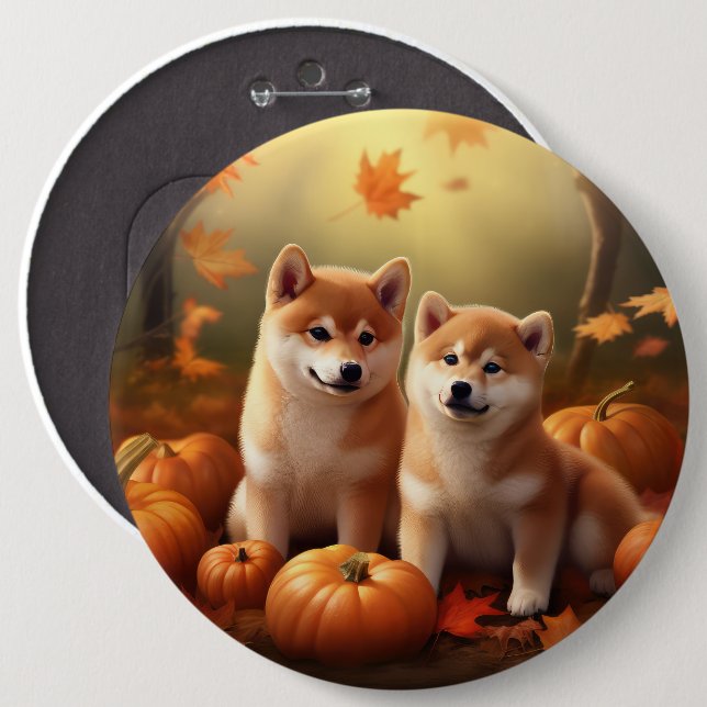 Shiba Inu Valp Höstglädje Pumpa Knapp (Framsida & baksida)