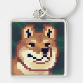 Shiba pixelart, sleutelhanger, Pixel Art  Fyrkantig Silverfärgad Nyckelring