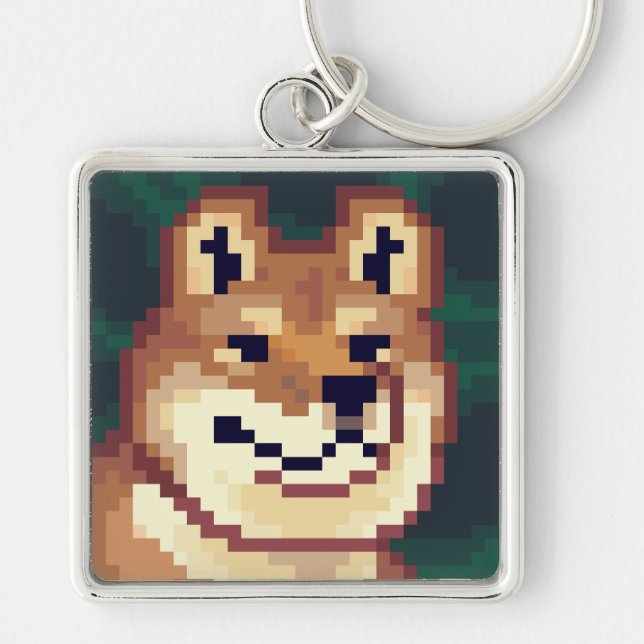 Shiba pixelart, sleutelhanger, Pixel Art  Fyrkantig Silverfärgad Nyckelring (Framsidan)