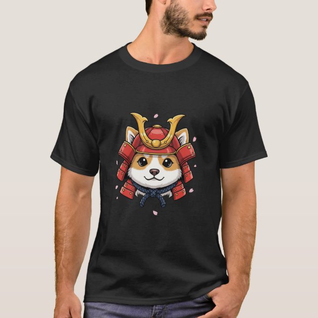 shiba samurai face, japanese warrior armor t shirt (Framsida)