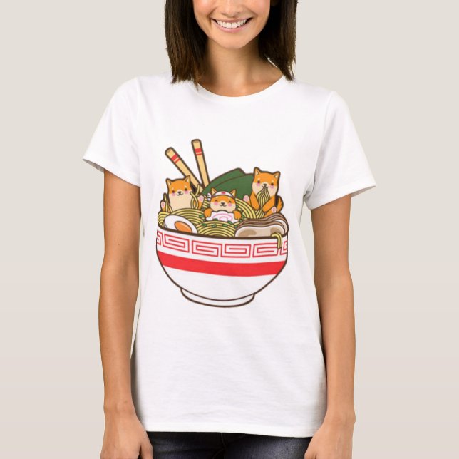 Shibas Inu Eating Ramen Noodles T Shirt, Kawaii T Shirt (Framsida)