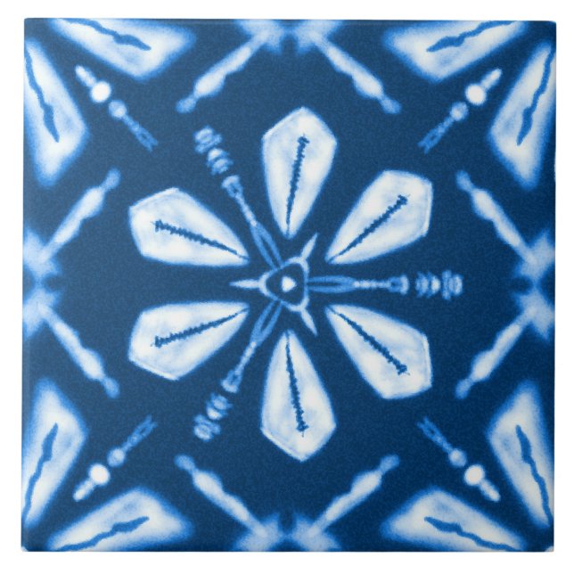 Shibori Blue Star Flower Kakelplatta (Framsidan)