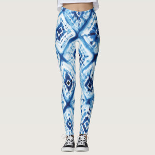 Shibori Indigo Blå Tie Dye Twist Mönster Leggings