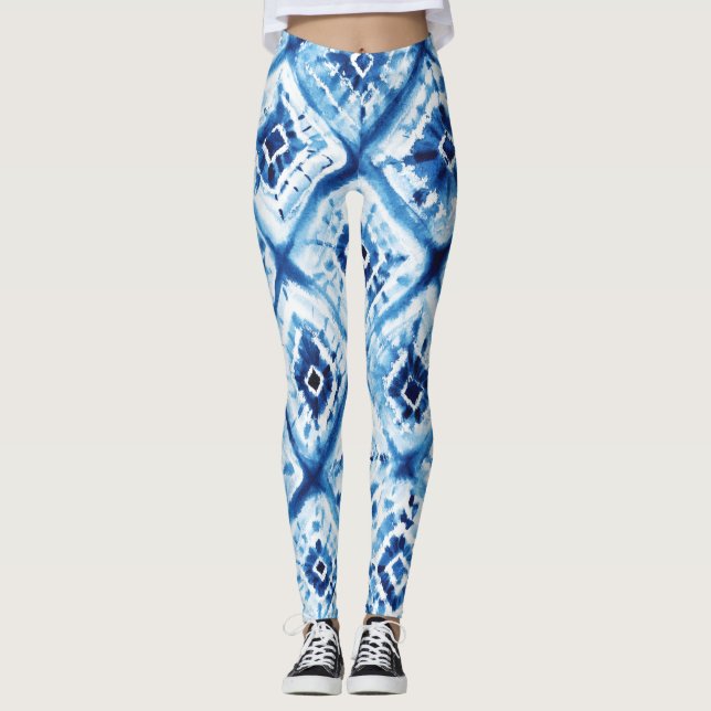 Shibori Indigo Blå Tie Dye Twist Mönster Leggings (Framsida)