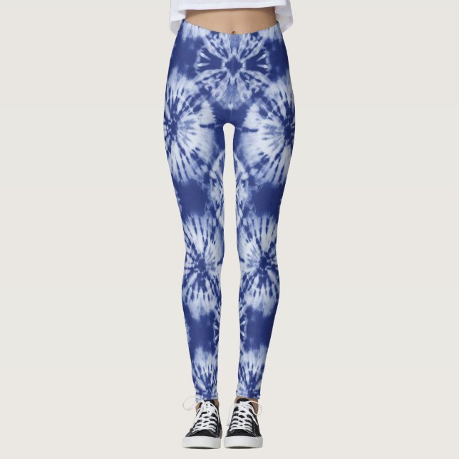 Shibori Indigo Blue Tie Dye Abstrakt Twist Mönster Leggings (Framsida)