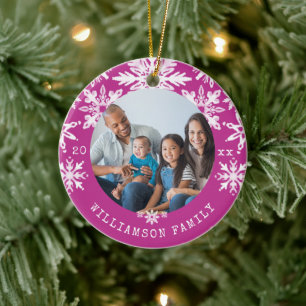 Shibori Snöflingor Tie Dye Magenta Family Photo Julgransprydnad Keramik