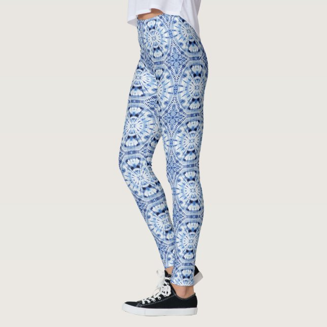 Shibori Tie Dye Blue White Indigo Asian Influence Leggings (Vänster)