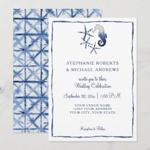Shibori Tie Dye Indigo Seahorse Starfish Beach Art Inbjudningar