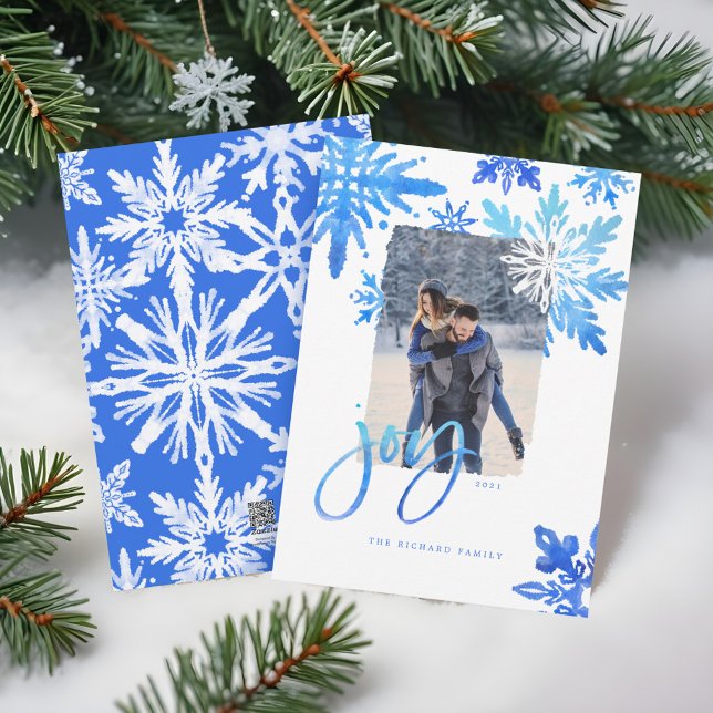 Shibori Tie Dye Royal Blue Snöflingor Photo Julkort (Shibori Tie Dye Royal Blue Snowflakes Photo Holiday Card)