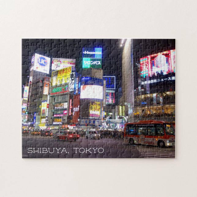 Shibuya City Ljus Night i Tokyo Japan Pussel (Horisontell)
