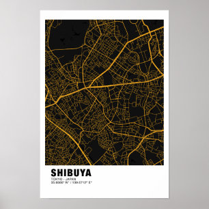 Shibuya Karta Poster - Tokyo Black och Golden Kart