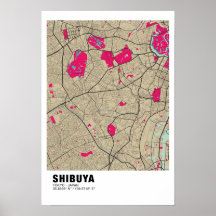 Shibuya Karta Poster - Tokyo Snyggt Rosa Karta