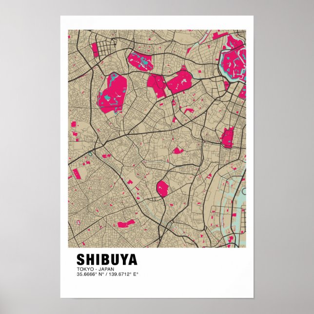 Shibuya Karta Poster - Tokyo Snyggt Rosa Karta (Framsidan)