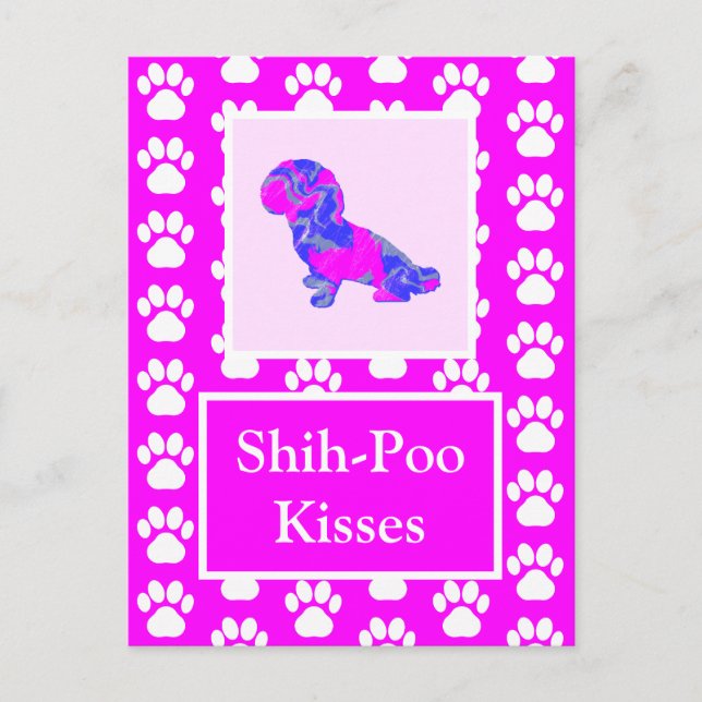 Shih-Poo Hund Kisses Silhouette i Cute Rosa & Blue Vykort (Framsida)