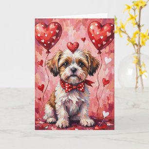 Shih Tzu Alla Hjärtans Dag Hund Sitter med Hjärtan Kort