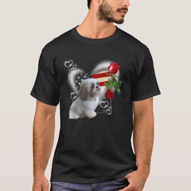 Shih Tzu American Flagga Heart Ro Flower - Shih Tz T Shirt (Framsida)