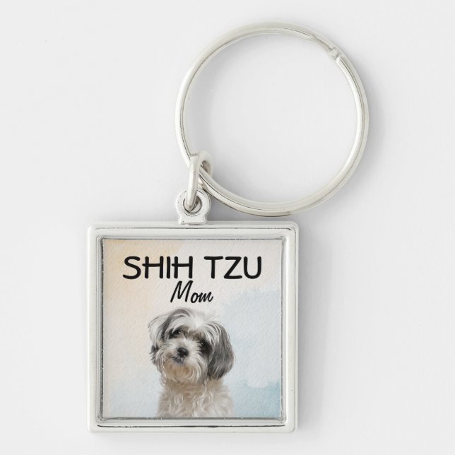 Shih Tzu Best Mamma Fyrkantig Silverfärgad Nyckelring (Framsidan)