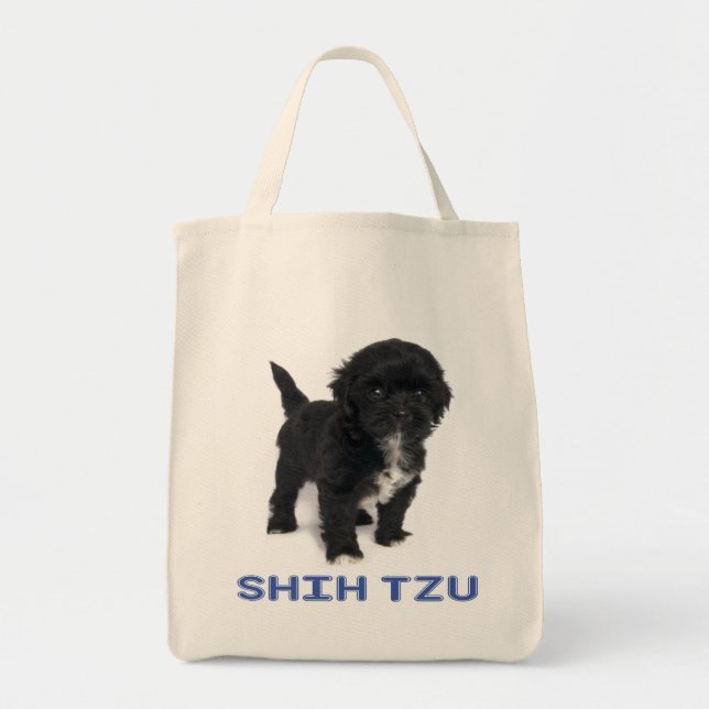 Shih Tzu Black and White Puppy Hund Tote Tygkasse (Framsidan)