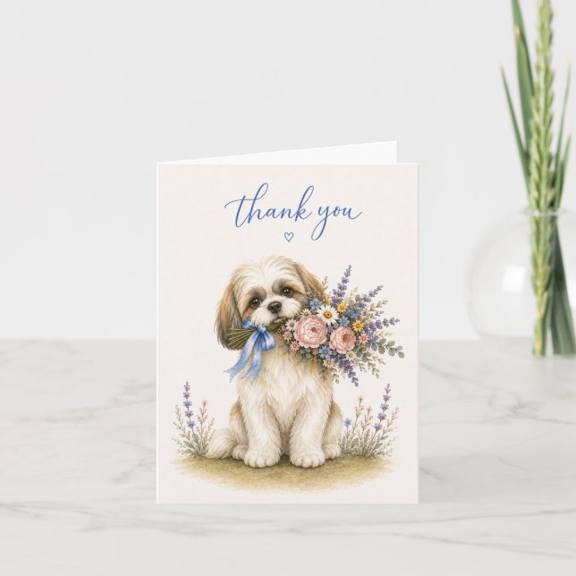 Shih Tzu Blombukett Tack Kort (Framsida)
