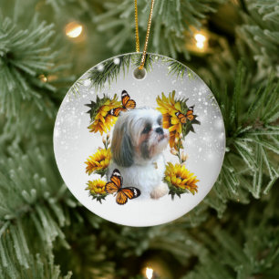 Shih Tzu-blommans fjärilsmemorandum tass avtryck Julgransprydnad Keramik
