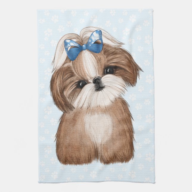 Shih Tzu Blue Bow Kökshandduk (Vertikal)