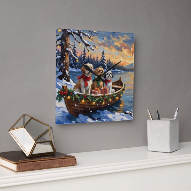 Shih Tzu Christmas Boat Holiday Fyrkantig Klocka (Kontor)