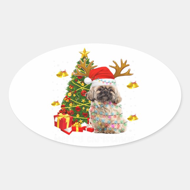 Shih Tzu Christmas Lights Tree | Santa Xmas Ovalt Klistermärke (Framsida)