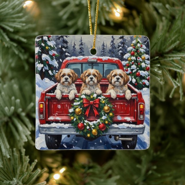 Shih Tzu Christmas Red Truck Holiday Julgransprydnad Keramik (Träd)